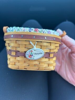Petunia Longaberger mini Woven Basket with Liner, plastic protector, and tie-on.